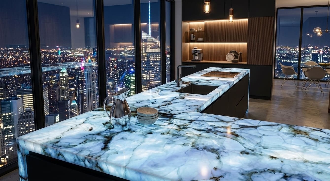 Image showcasing Blue Onyx Countertops | Browse Slab Inventory Today!